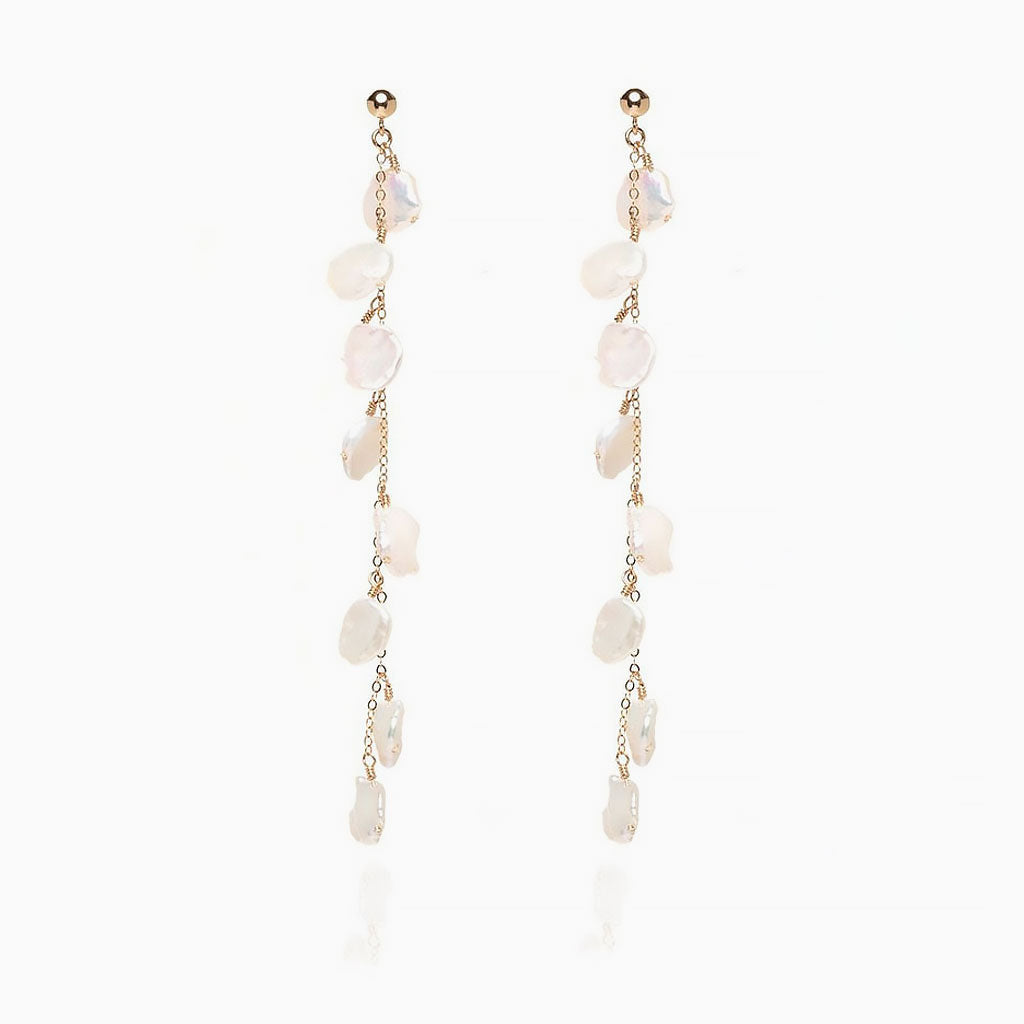 Wedding 18K Gold Plated Baroque Petal Pearl Cable Chain Drop Earrings