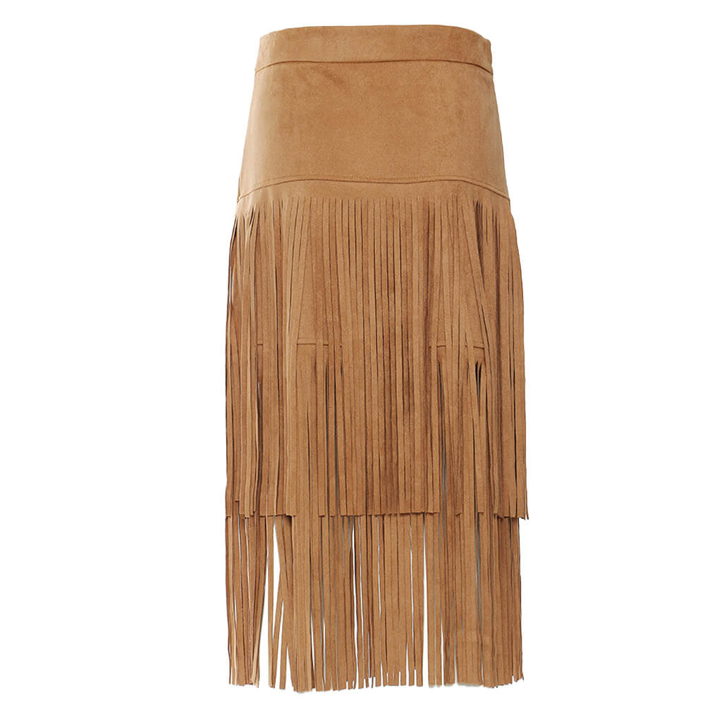 Western Style Solid Color Faux Suede Tiered Fringe Midi Skirt