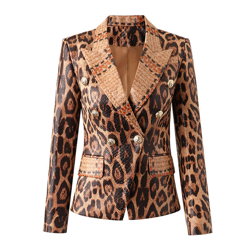 Wild Leopard Print Vegan Leather Peak Lapel Double Breasted Tailored Blazer