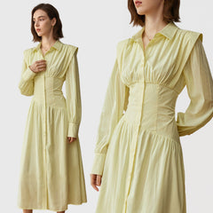 BUTTONED Long Sleeve MIDI Dress - YelLow