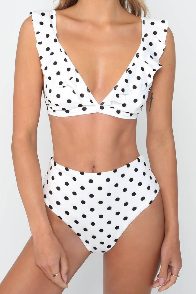 Bikini taille haute à volants et pois