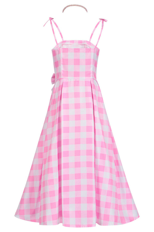 barbie pink check dress Women's Custom Adult Pink and White Gingham Check Doll 50s Style Dapper Day Dress Cosplay with Bow and Belt Hairbow
