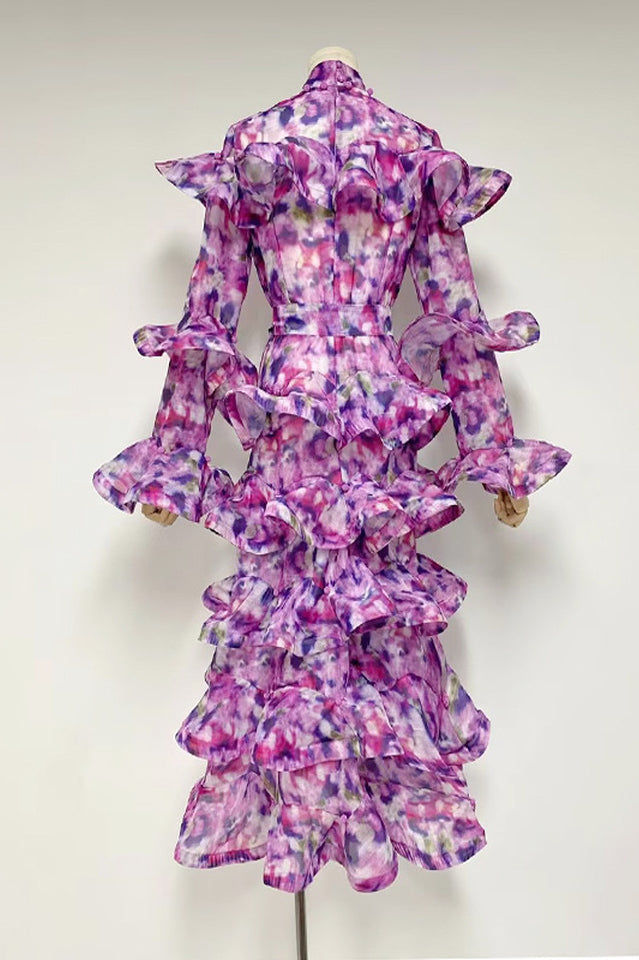 Tiered-Frills Linen-Blend Midi Dress
