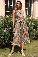 Robe mi-longue plissée à imprimé floral