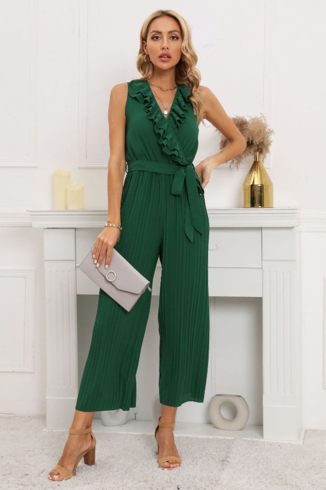 Wadenlanger, plissierter Jumpsuit mit Rüschen