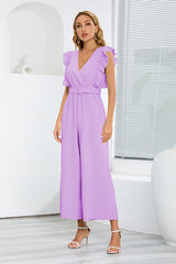 V-Neck Pleats Belted Jumpsuit