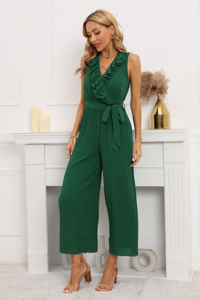 Wadenlanger, plissierter Jumpsuit mit Rüschen