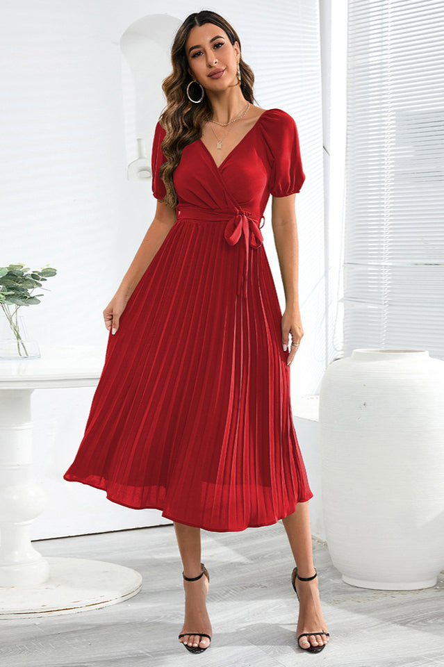 V-Neck Pleated Tie-Waist Midi Dress