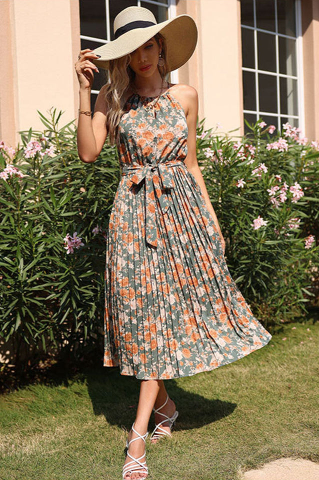 Floral Print Pleated Midi Dress