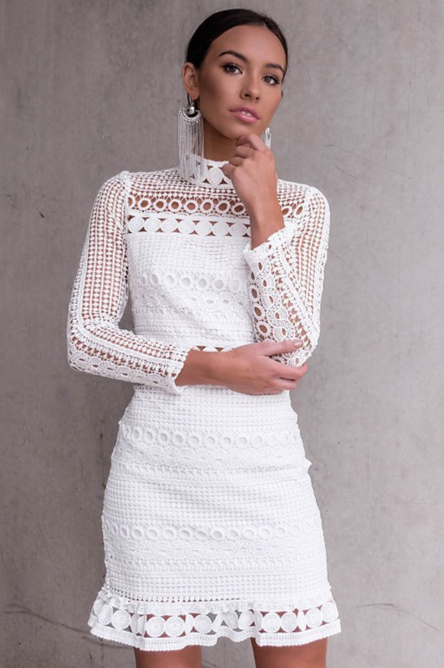 High Neck Short Tight White Lace Dress