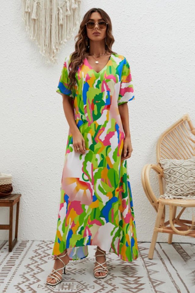 Print Short Sleeve Wide Hem Maxi Dress