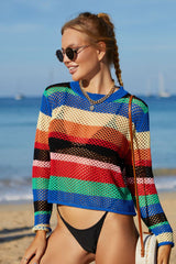 Rainbow Stripe Openwork Long Sleeve Cover Up