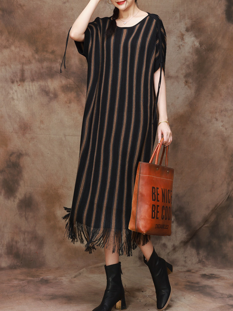 Elegance Striped Knitted Large Size Midi Dress