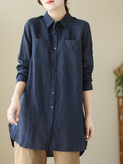 Casual Long-Sleeved Shirt Loose Mid-Length Button Shirt Top With Pocket