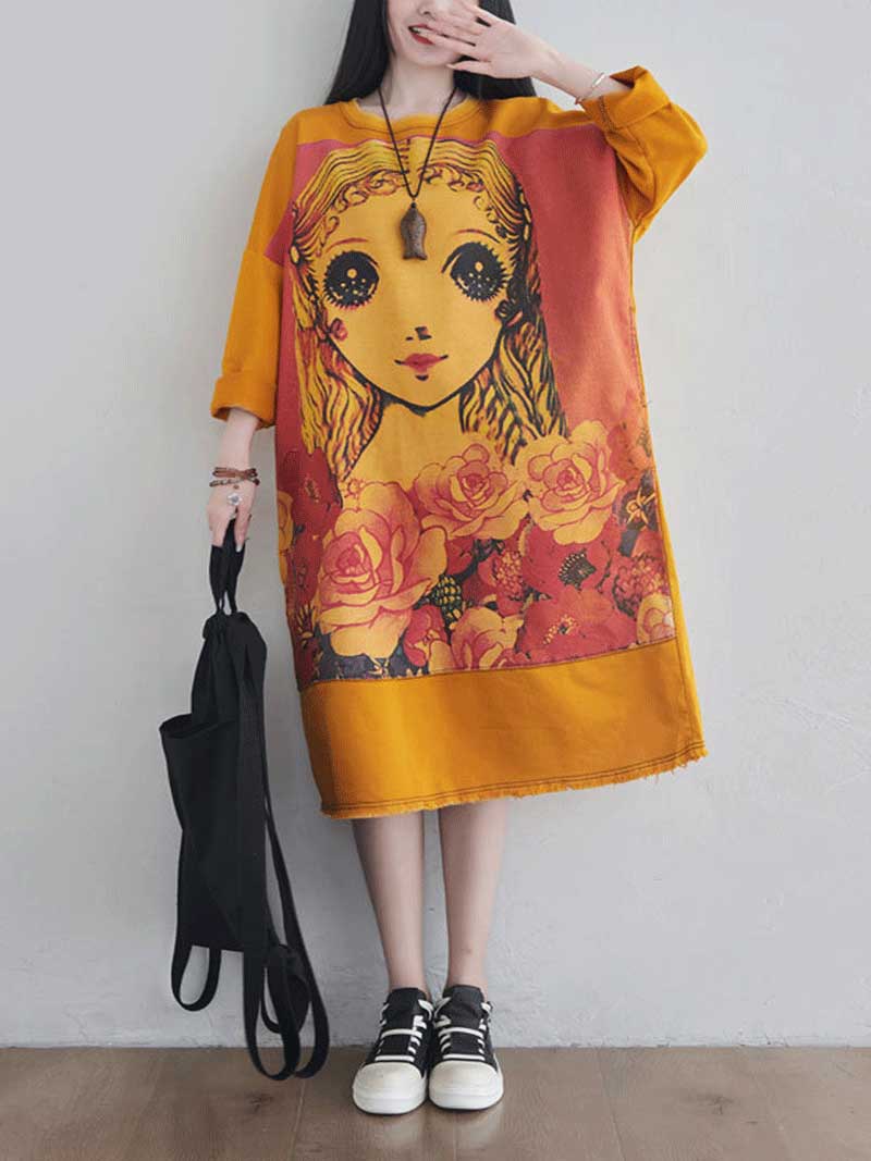 Give Me a Memory Round Neck Cartoon Sweater Midi Dress