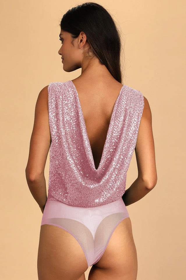 Evening Of Wonder – Paillettenbesetzter Bodysuit mit Wasserfallausschnitt auf der Rückseite