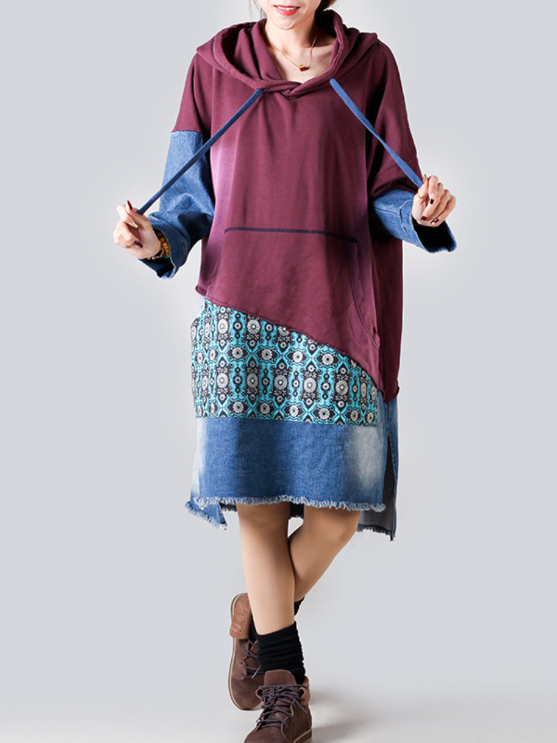 Retro Large Size Hooded Long Sleeve Pullover Denim Midi Dress