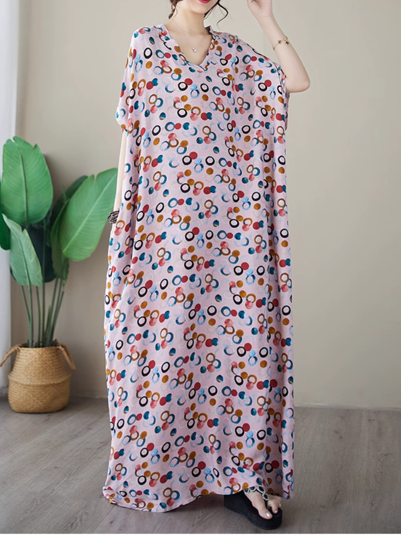 Robe caftan imprimée à gros pois et col en V