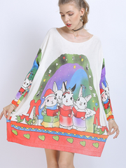 Large Size midi length Sweater Neck Rabbit Print Knit Sweater Tops