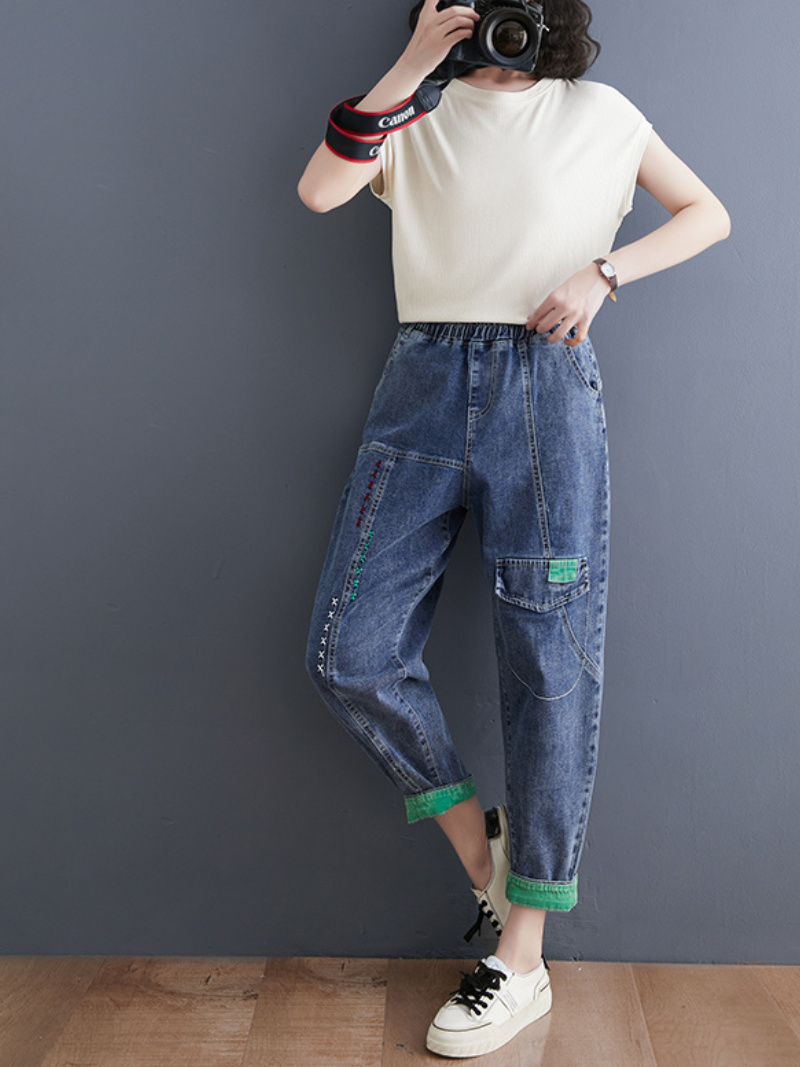 Denim Casual Western Style Loose Large High Waist Denim Pants