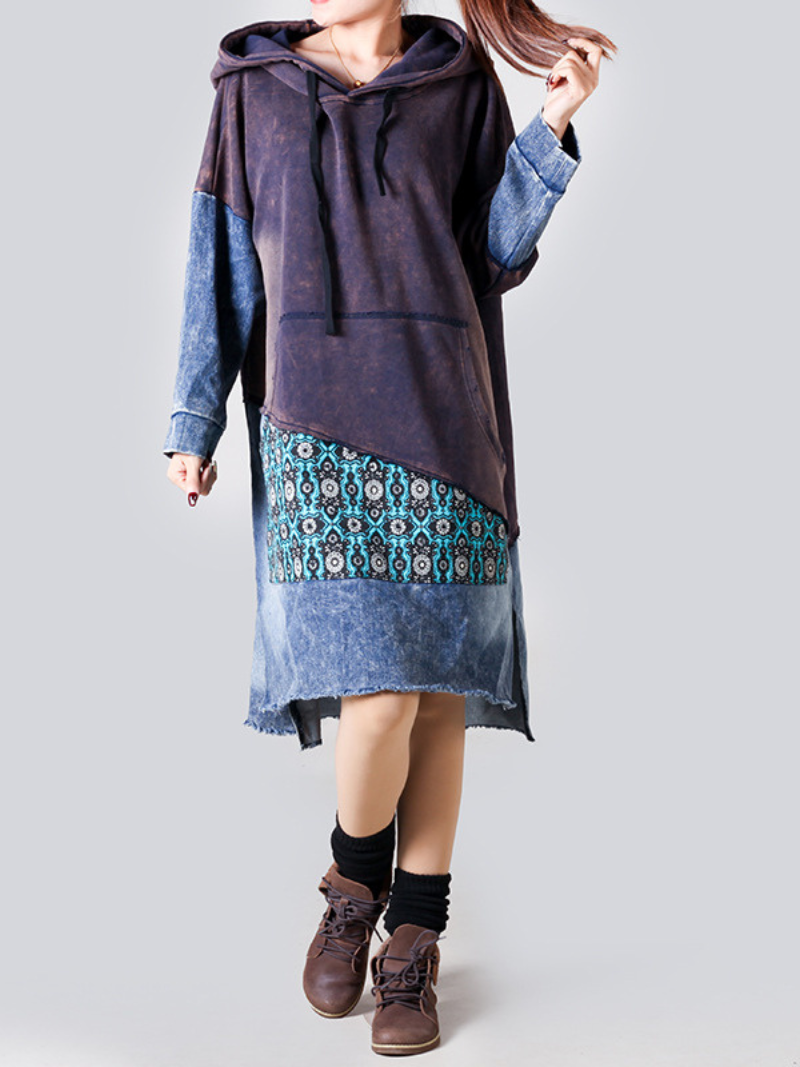 Retro Large Size Hooded Long Sleeve Pullover Denim Midi Dress