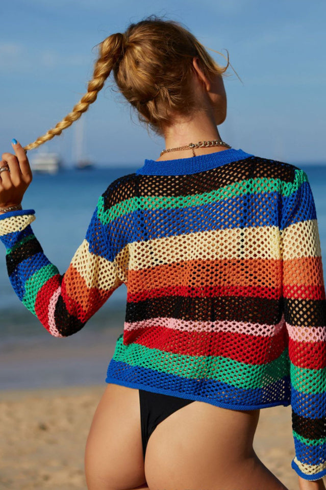 Rainbow Stripe Openwork Long Sleeve Cover Up