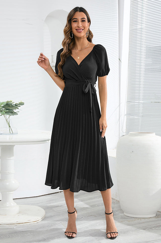 V-Neck Pleated Tie-Waist Midi Dress