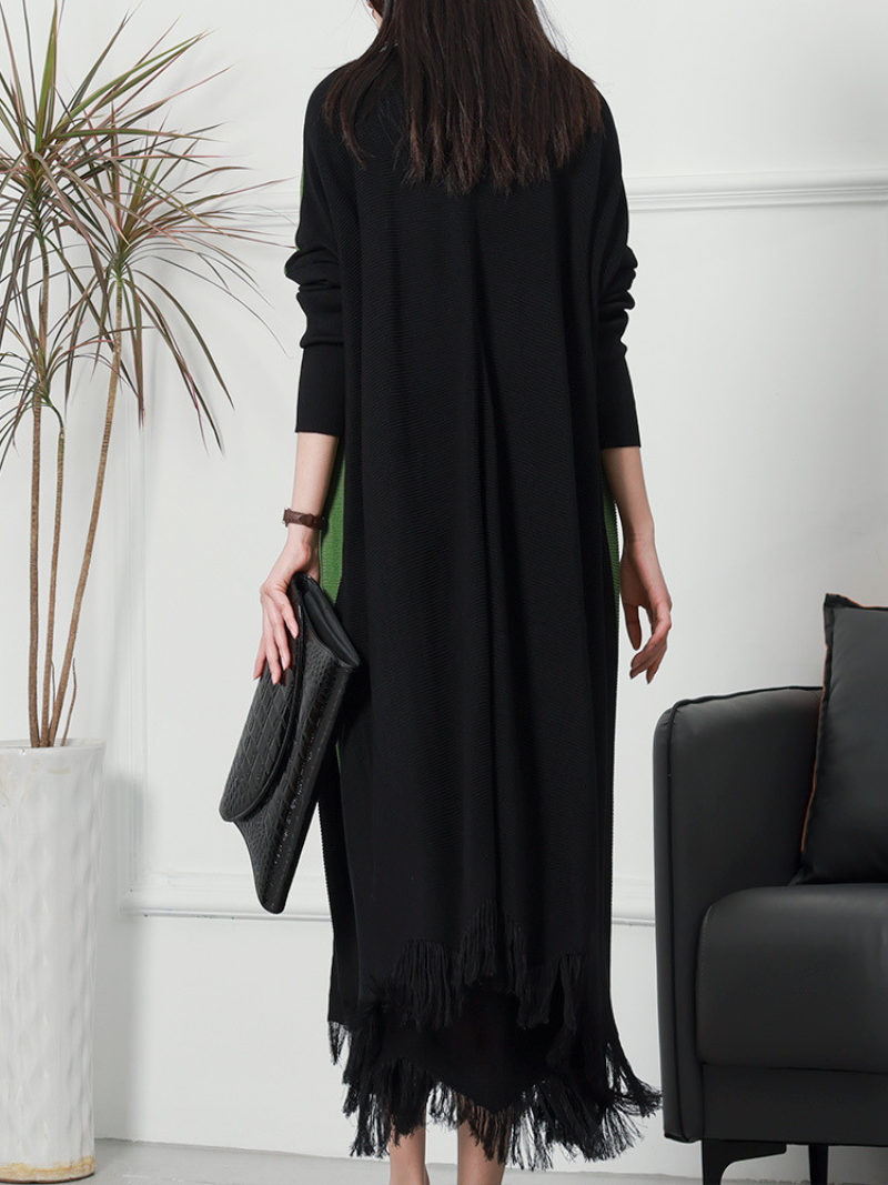 Pure Polyester V-neck Knitted Cardigan Long Sleeves Midi-Dress