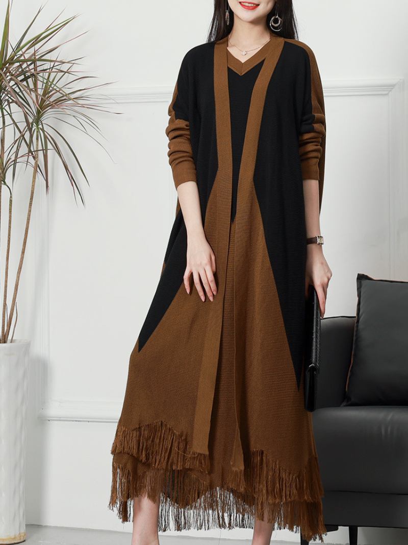 Pure Polyester V-neck Knitted Cardigan Long Sleeves Midi-Dress