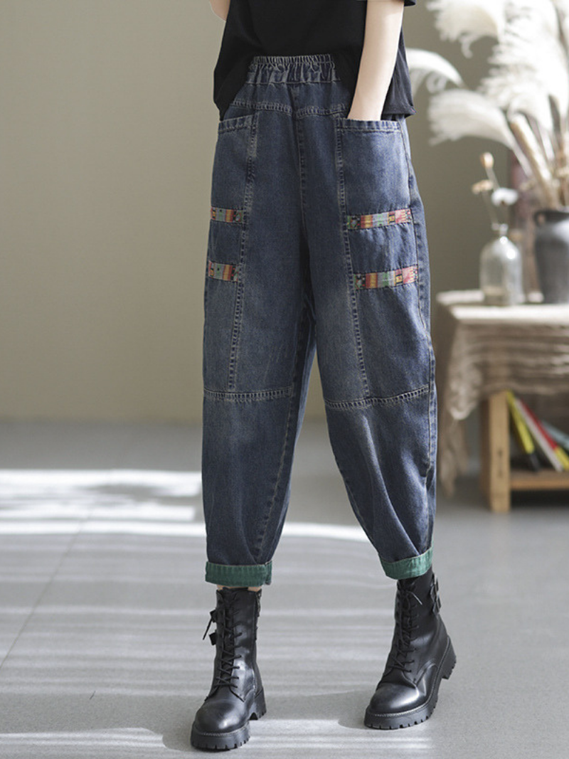 Pantalon sarouel décontracté en denim avec patch ample