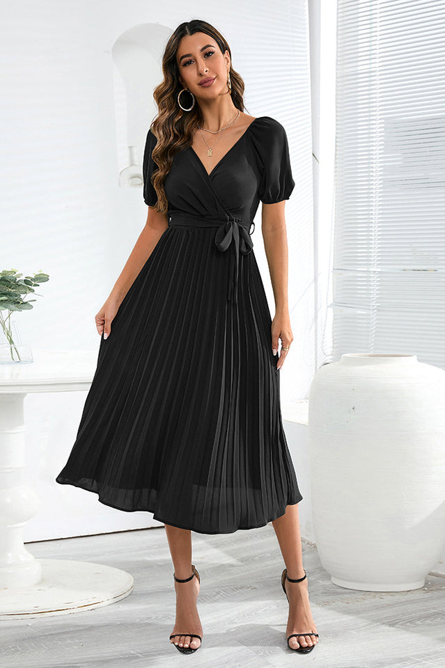 V-Neck Pleated Tie-Waist Midi Dress