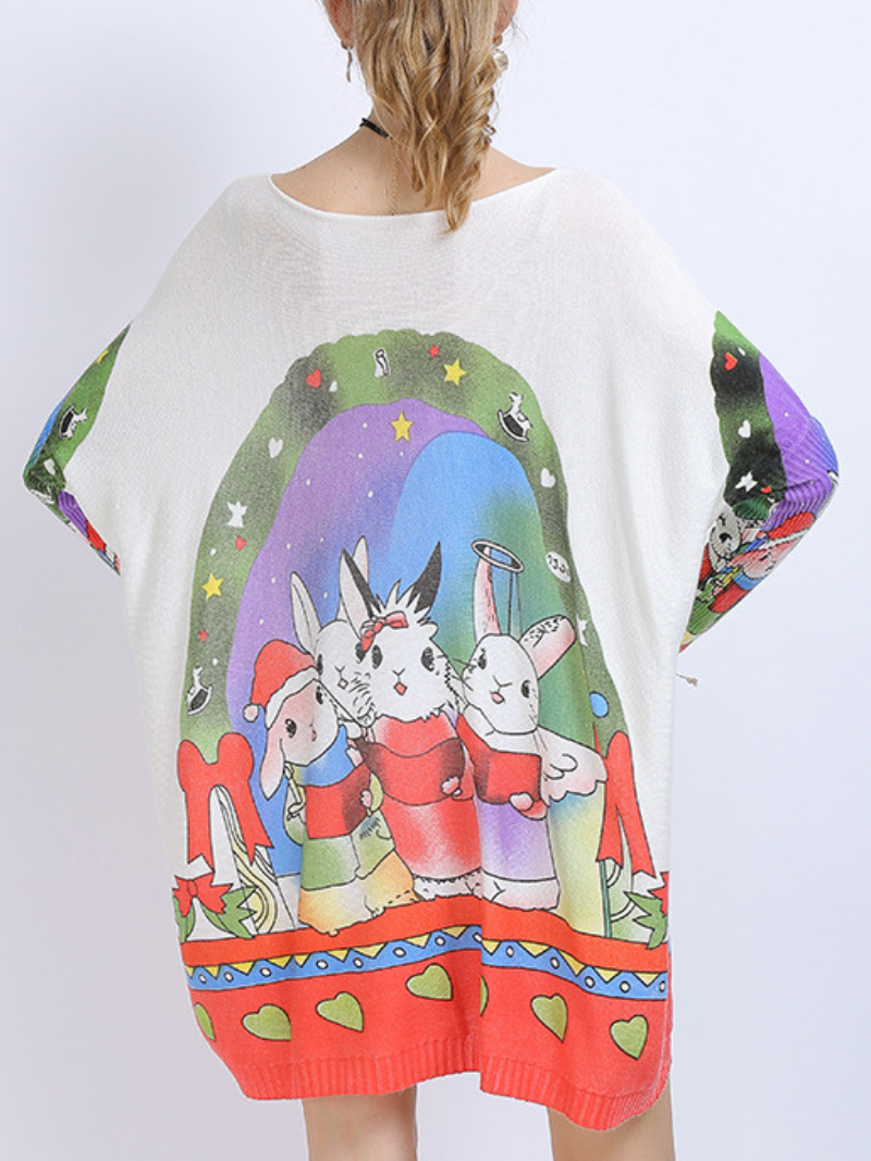 Große Größe Midi-Länge Pullover Hals Kaninchen Print Strickpullover Tops