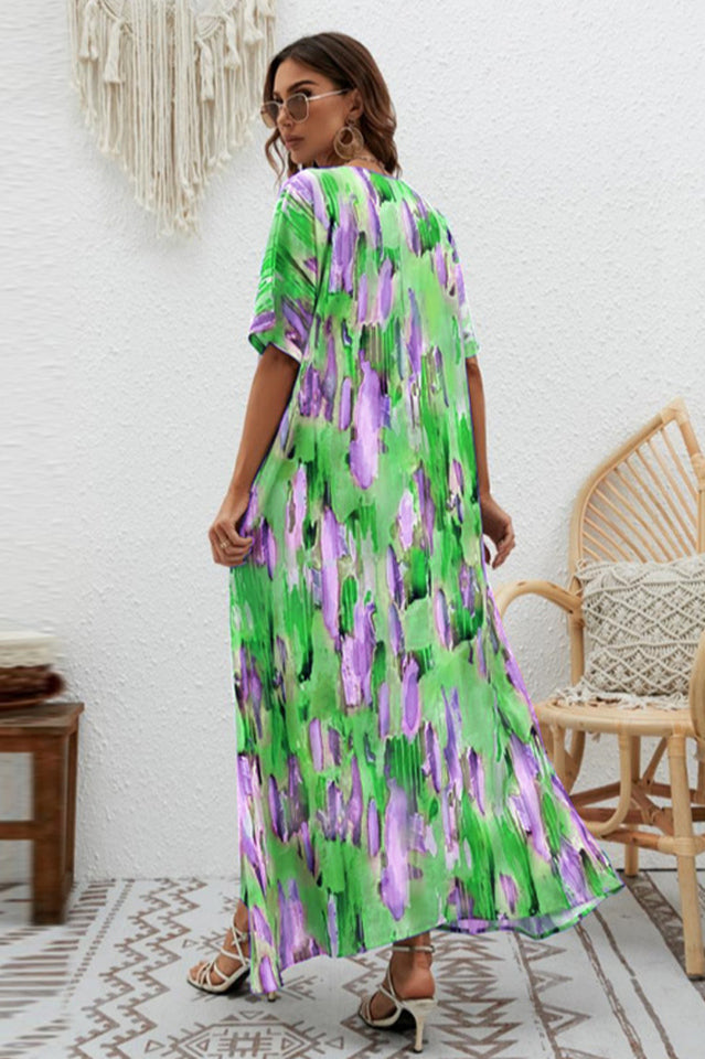 Print Short Sleeve Wide Hem Maxi Dress