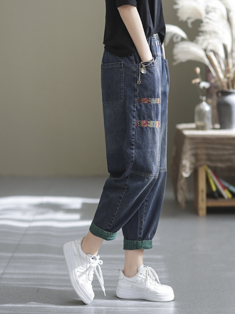 Pantalon sarouel décontracté en denim avec patch ample