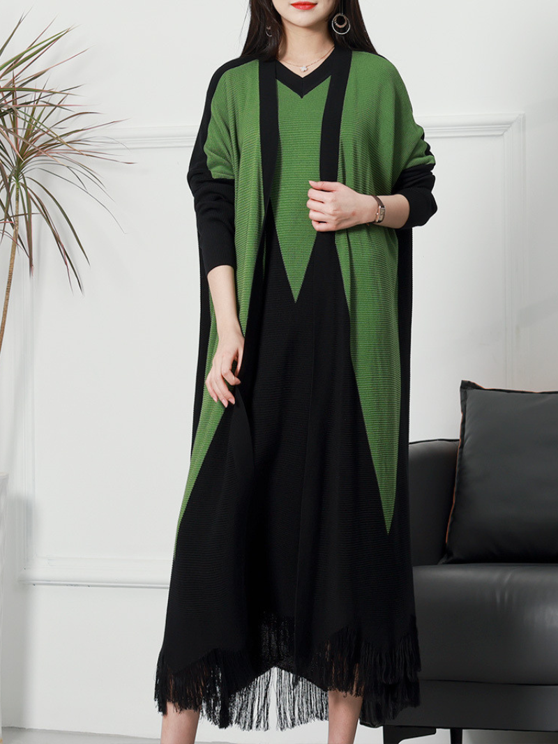 Pure Polyester V-neck Knitted Cardigan Long Sleeves Midi-Dress