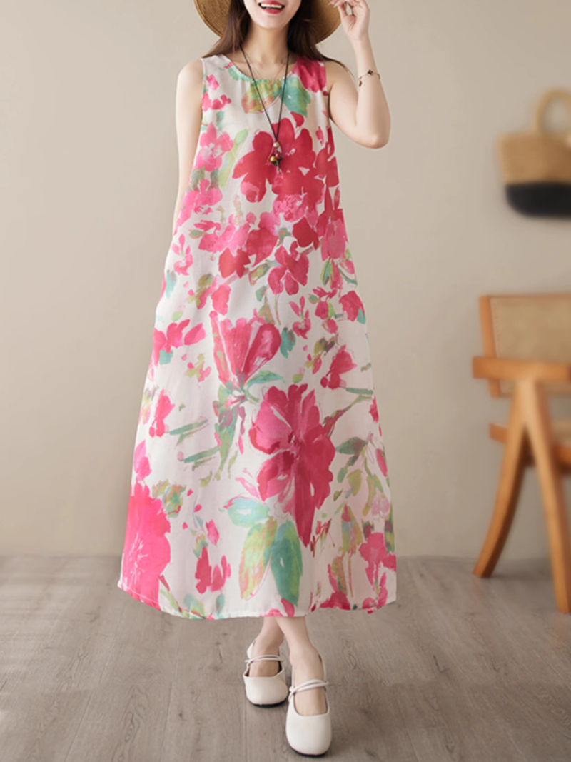 Artistry on Fabric – Ärmelloses A-Linien-Kleid mit Seitentaschen und Blumenmuster