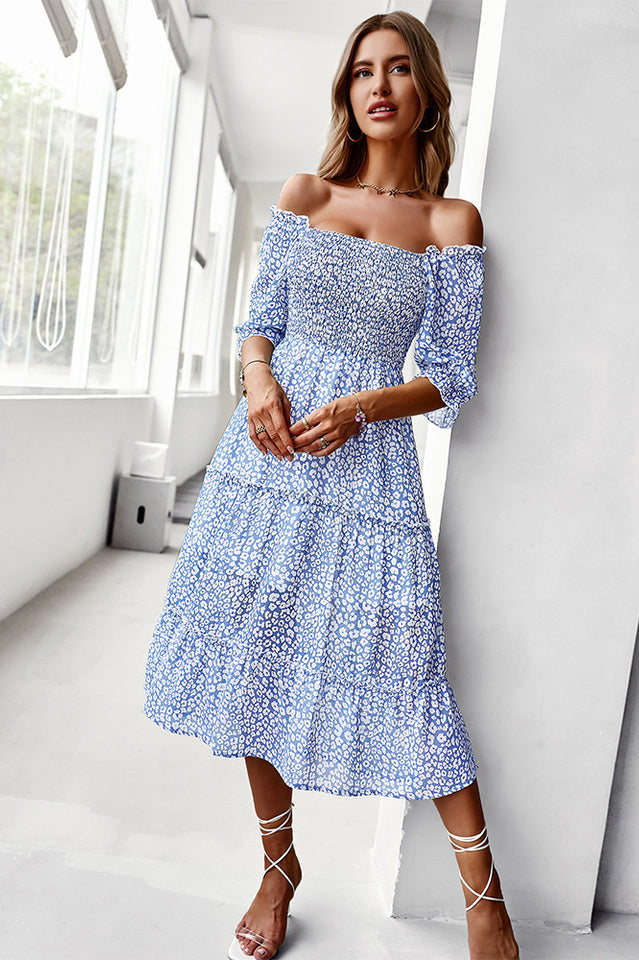 Off Shoulder Smocked Midi Dress