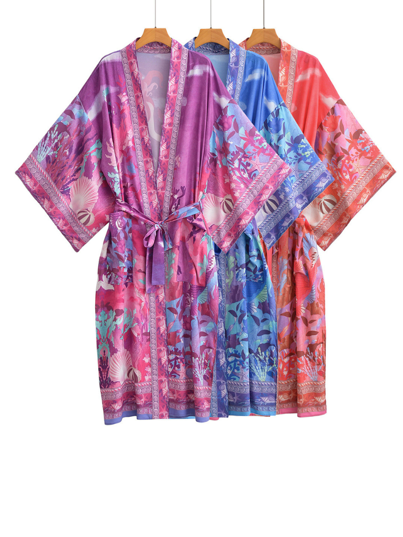 Cardigan kimono élégant à imprimé sirène multicolore pour l'automne