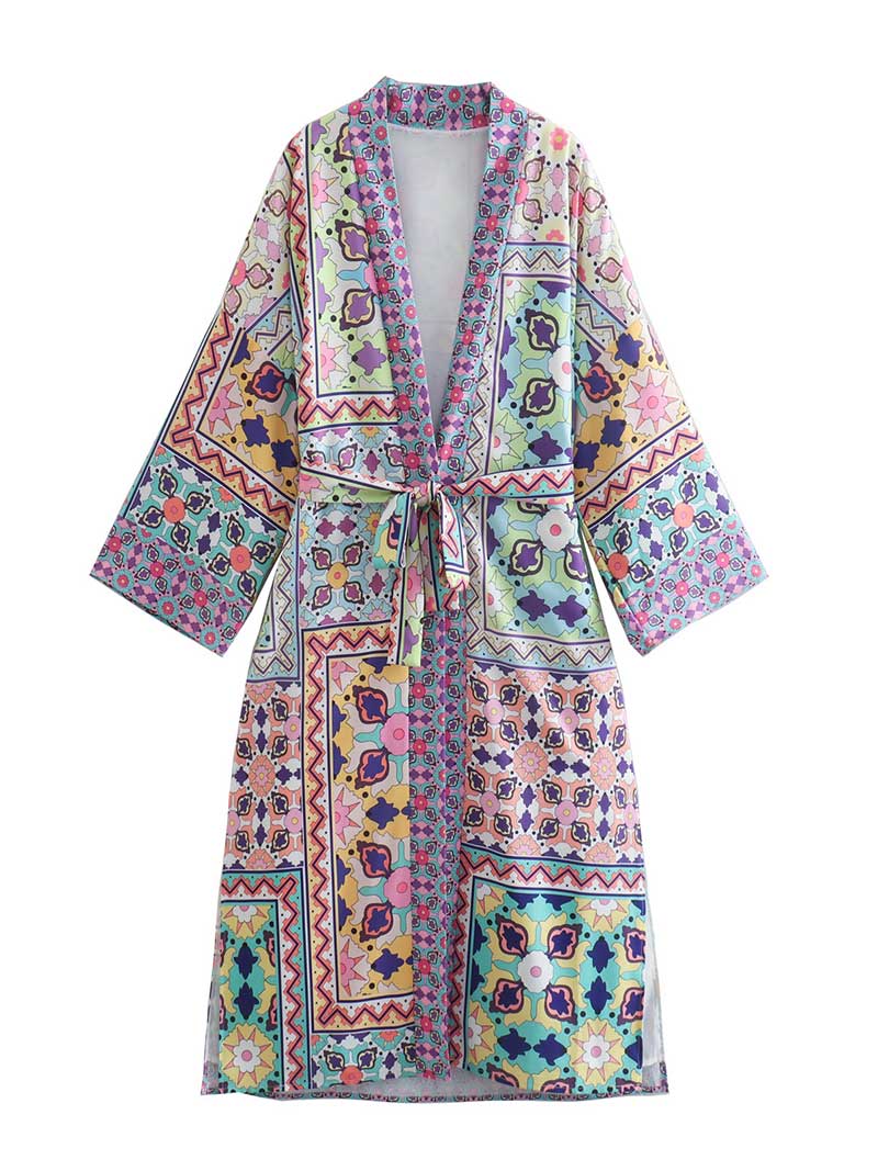 Sommerkleidung Bedruckter mehrfarbiger Kimono-Kleid-Staubmantel