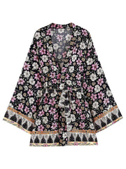 Bridal Wear Floral Print Orange & Black Cotton Short Length Gown Kimono Duster Robe