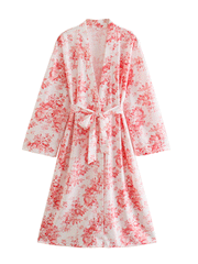 Geburtstagsparty Kordelzug Druck Rot Farbe Polyester Lange Länge Kleid Kimono Duster Robe