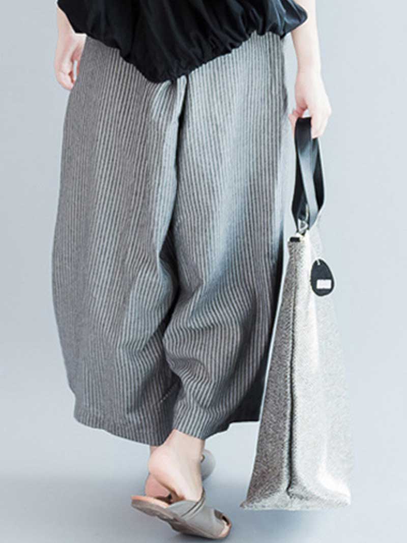 Be Patience Cotton Stripes Wide-Leg Trouser Nine-Point Pants