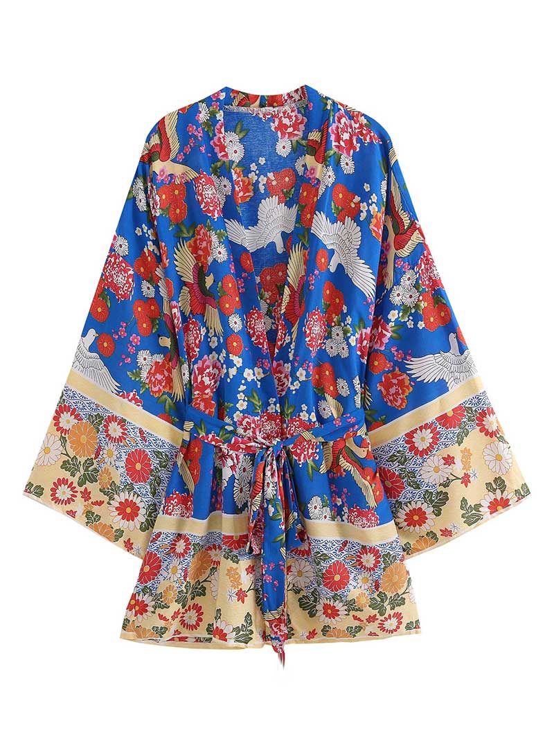 Robe de nuit courte en kimono à imprimé floral et oiseaux