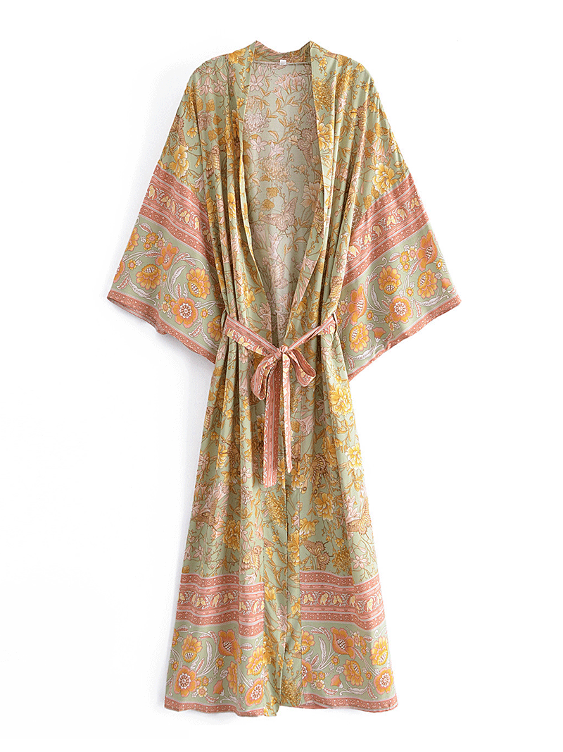 Robe de plage longue en coton à imprimé floral de couleur jaune Kimono
