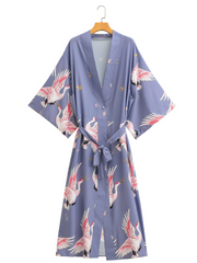 Kimono long fleuri à motif d'oiseaux, cache-plage, kimono de plage long