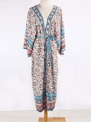 Robe longue en coton bleu à imprimé floral