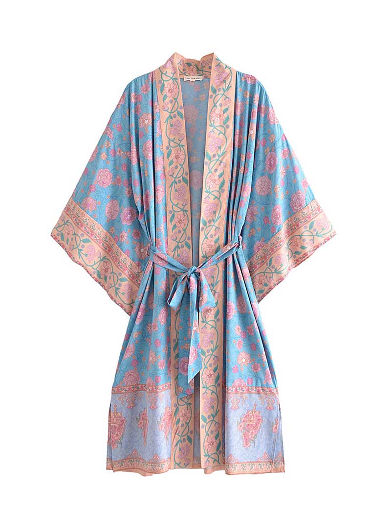 Strandmode Blau Farbe Gedruckt Lange Duster Robe Kimono