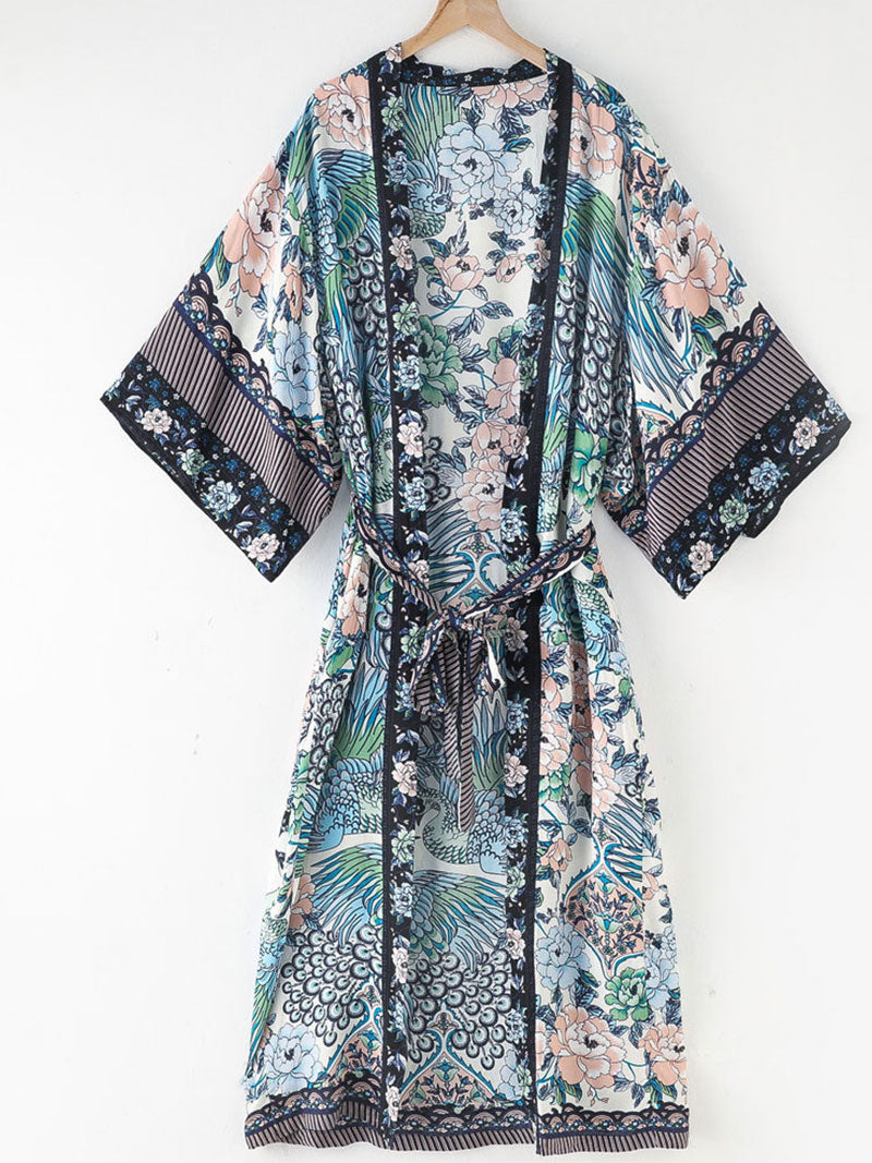 Beachwear Cotton Long Length Floral With Birds Print Blue, White & Green Color Gown Kimono Duster Robe