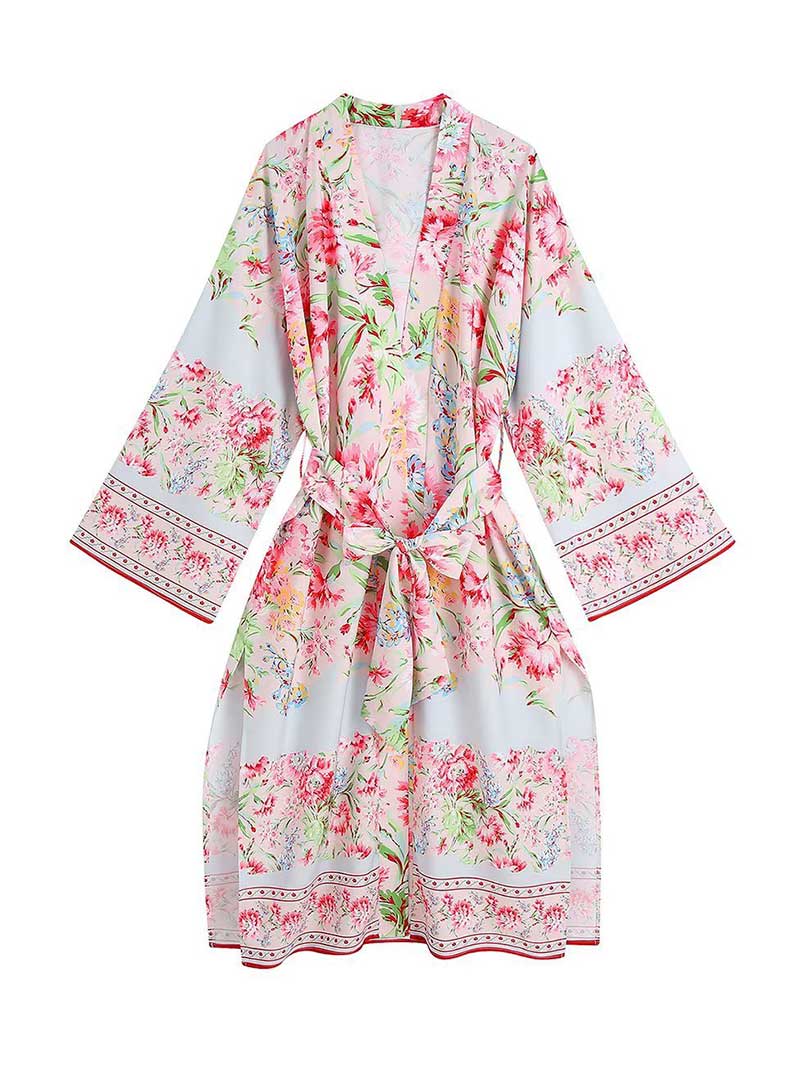 Summer Wear White Printed Long Duster Robe Kimono