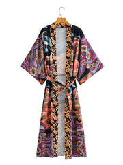 Robe longue kimono en polyester multicolore à imprimé floral et lunaire